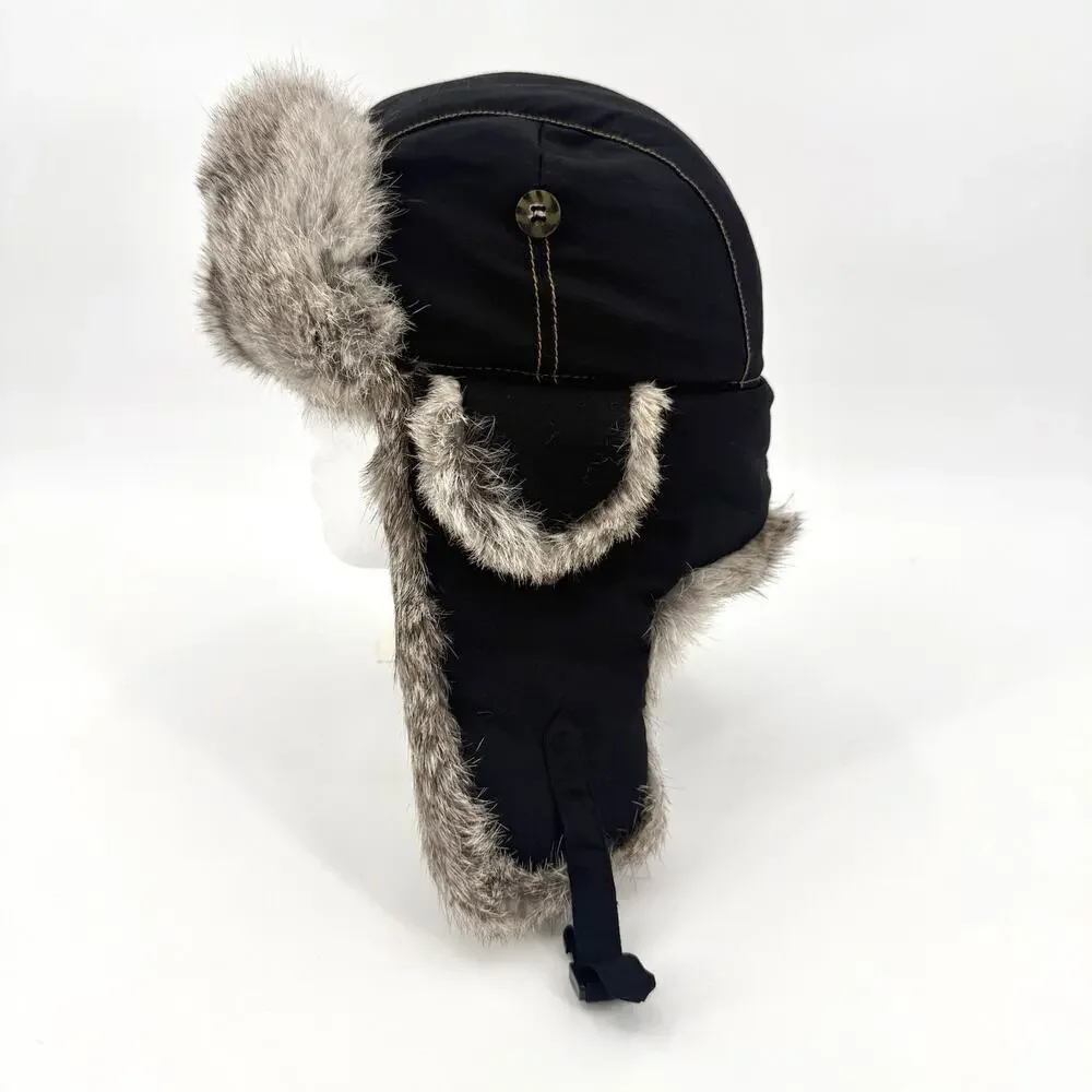 Mad Bomber Trapper Hat Rabbit Fur Trim Aviator Hat Kids Size Medium Black